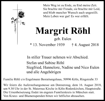 Anzeige von Margrit Röhl von Kölner Stadt-Anzeiger / Kölnische Rundschau / Express