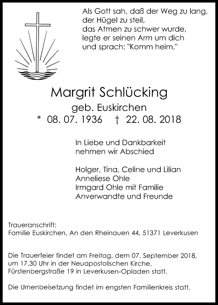  Traueranzeige für Margrit Schlücking vom 01.09.2018 aus Kölner Stadt-Anzeiger / Kölnische Rundschau / Express