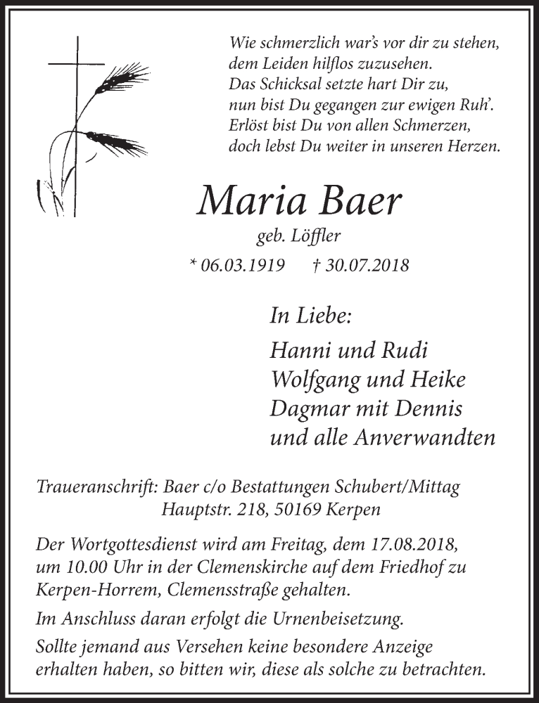  Traueranzeige für Maria Baer vom 11.08.2018 aus  Sonntags-Post 
