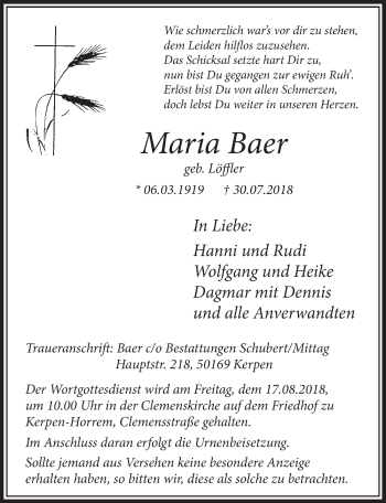 Anzeige von Maria Baer von  Sonntags-Post 