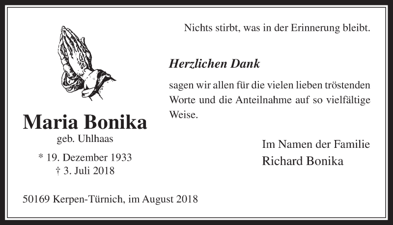  Traueranzeige für Maria Bonika vom 22.08.2018 aus  Werbepost 
