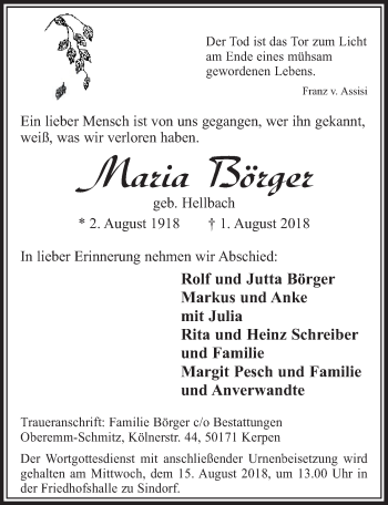 Anzeige von Maria Börger von  Sonntags-Post 