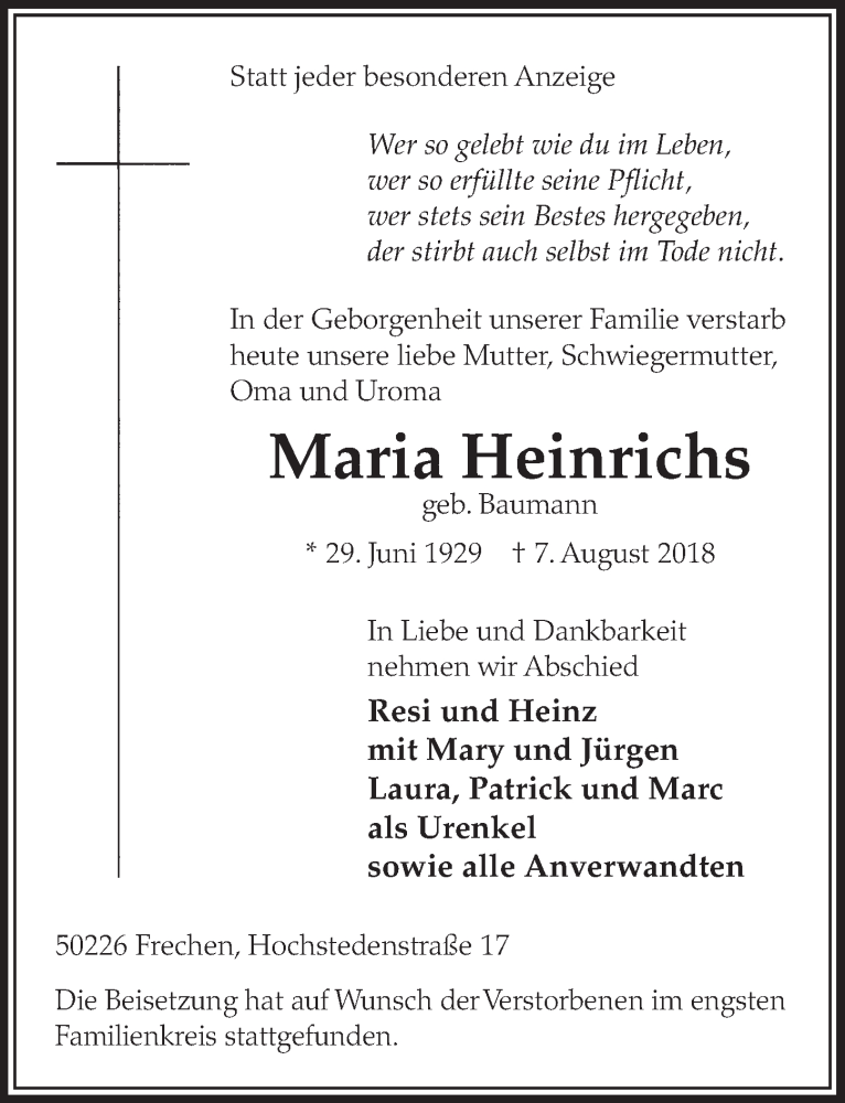  Traueranzeige für Maria Heinrichs vom 01.09.2018 aus  Sonntags-Post 