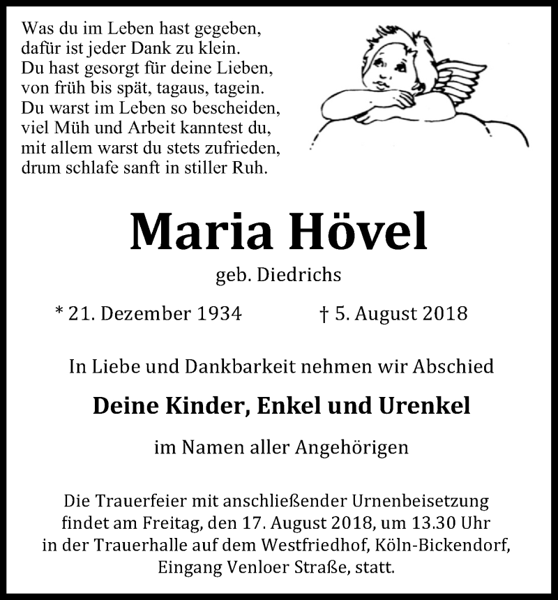  Traueranzeige für Maria Hövel vom 11.08.2018 aus Kölner Stadt-Anzeiger / Kölnische Rundschau / Express
