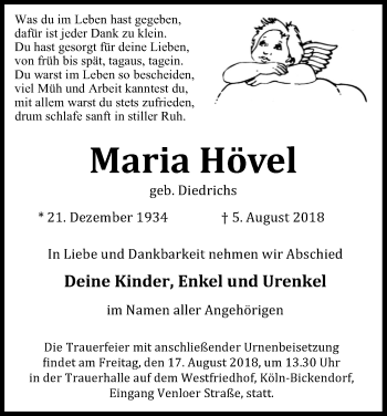 Anzeige von Maria Hövel von Kölner Stadt-Anzeiger / Kölnische Rundschau / Express