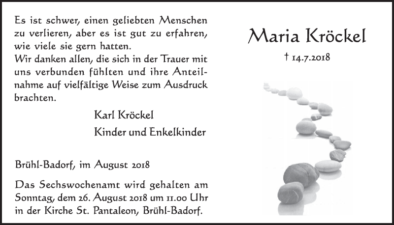  Traueranzeige für Maria Kröckel vom 15.08.2018 aus  Schlossbote/Werbekurier 