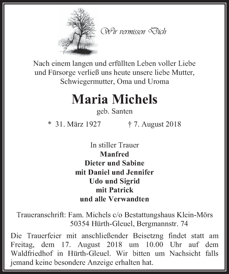  Traueranzeige für Maria Michels vom 15.08.2018 aus  Wochenende 