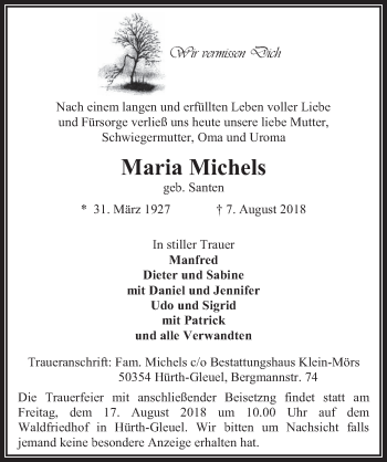 Anzeige von Maria Michels von  Wochenende 