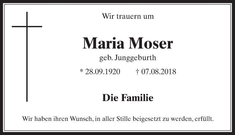  Traueranzeige für Maria Moser vom 15.08.2018 aus  Werbepost 