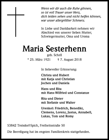 Anzeige von Maria Sesterhenn von Kölner Stadt-Anzeiger / Kölnische Rundschau / Express