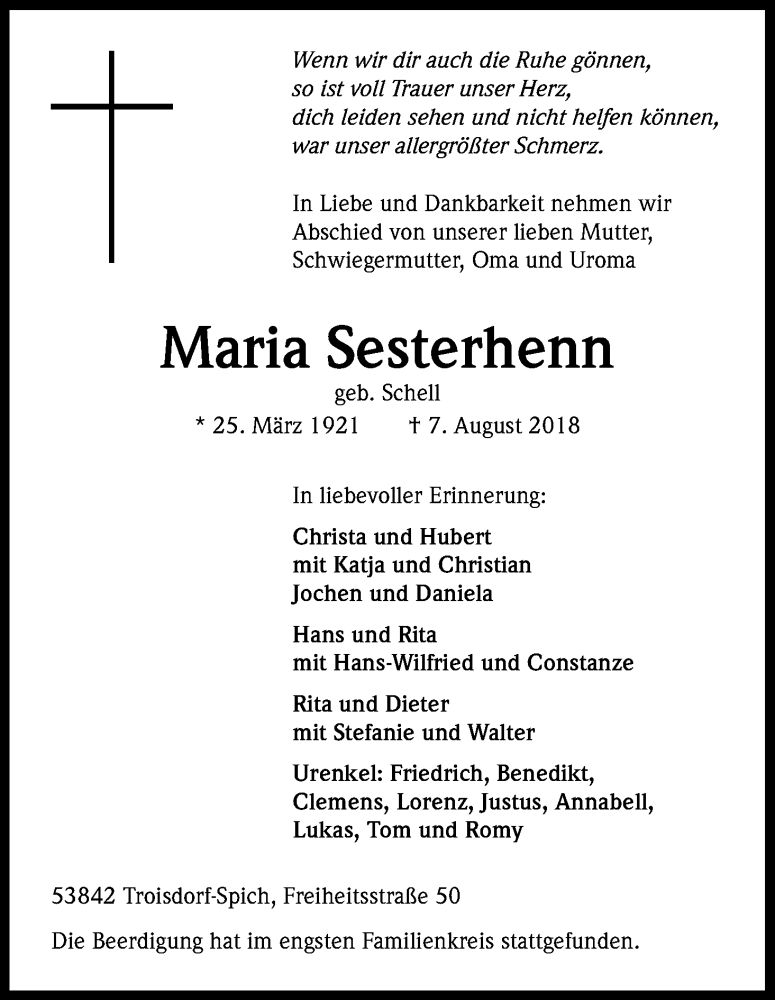  Traueranzeige für Maria Sesterhenn vom 18.08.2018 aus Kölner Stadt-Anzeiger / Kölnische Rundschau / Express