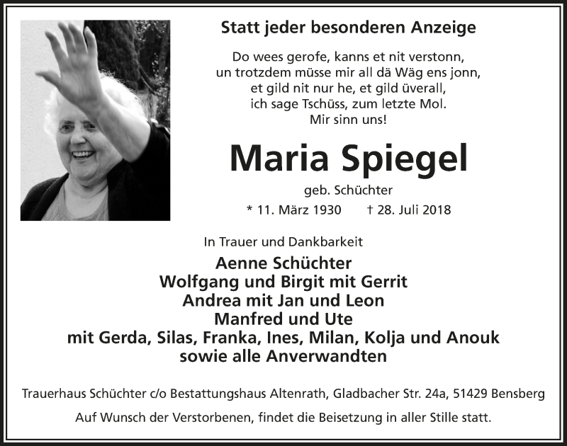  Traueranzeige für Maria Spiegel vom 15.08.2018 aus  Bergisches Handelsblatt 