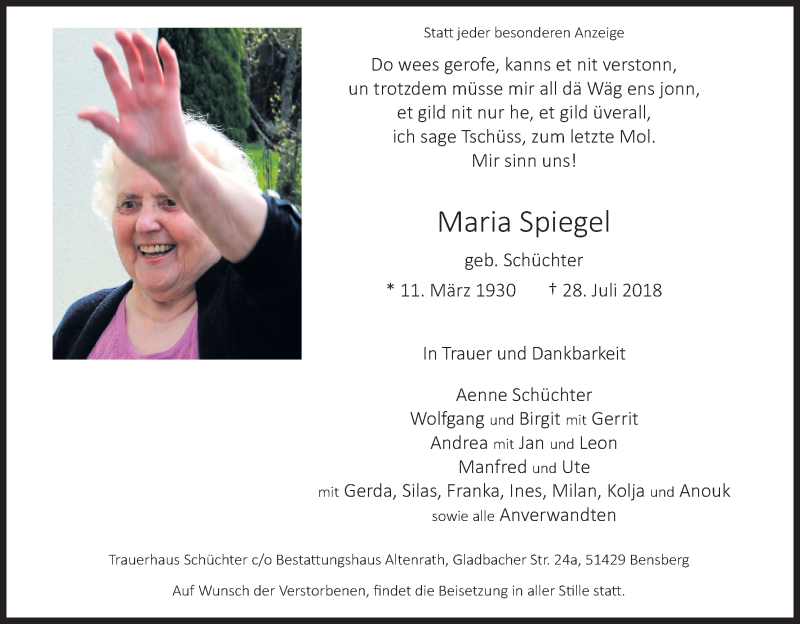  Traueranzeige für Maria Spiegel vom 11.08.2018 aus Kölner Stadt-Anzeiger / Kölnische Rundschau / Express