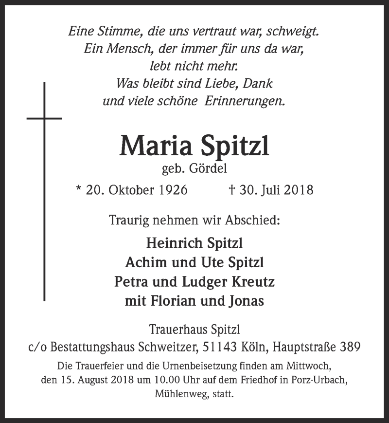  Traueranzeige für Maria Spitzl vom 08.08.2018 aus  Kölner Wochenspiegel 