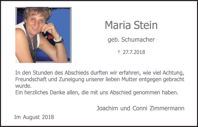  Traueranzeige für Maria Stein vom 22.08.2018 aus  Schlossbote/Werbekurier 
