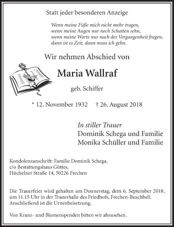 Anzeige von Maria Wallraf von  Sonntags-Post 