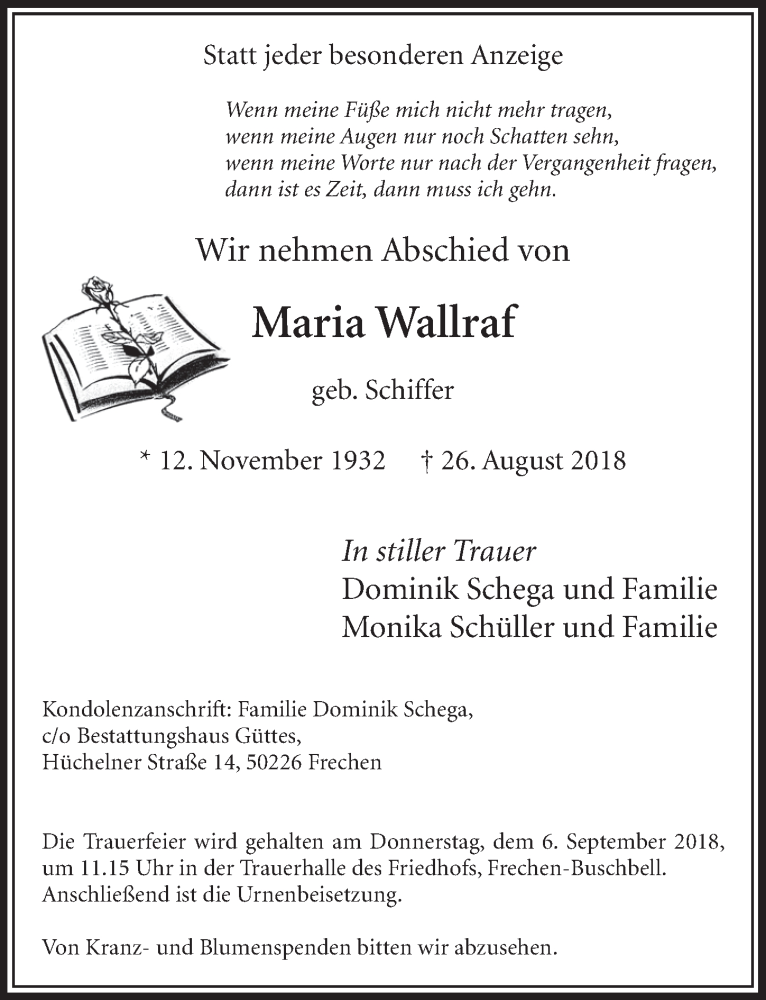 Traueranzeige für Maria Wallraf vom 01.09.2018 aus  Sonntags-Post 