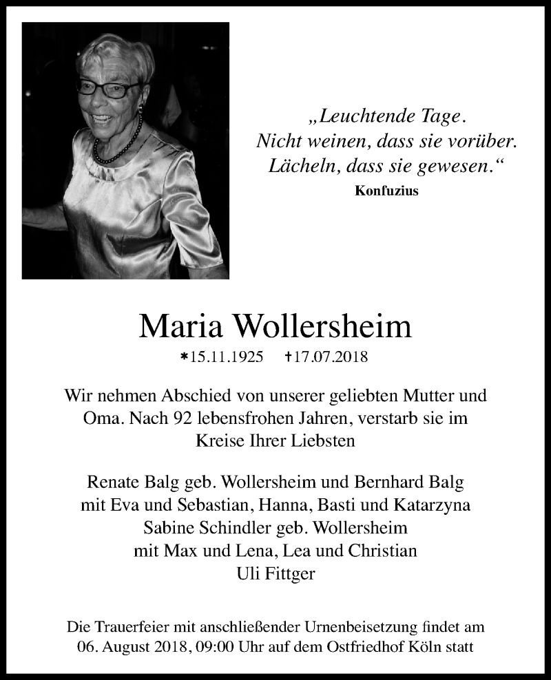  Traueranzeige für Maria Wollersheim vom 04.08.2018 aus Kölner Stadt-Anzeiger / Kölnische Rundschau / Express