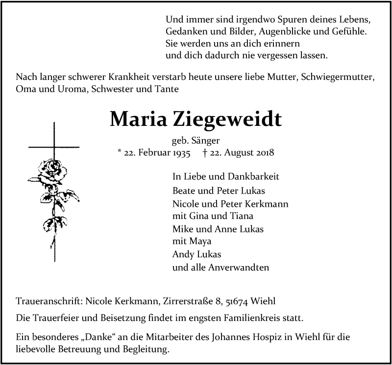  Traueranzeige für Maria Ziegeweidt vom 29.08.2018 aus  Anzeigen Echo 