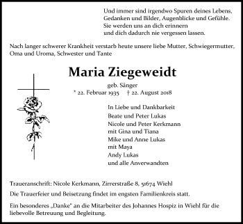 Anzeige von Maria Ziegeweidt von Kölner Stadt-Anzeiger / Kölnische Rundschau / Express