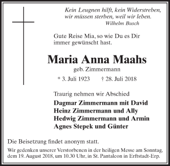 Anzeige von Maria Anna Maahs von  Werbepost 