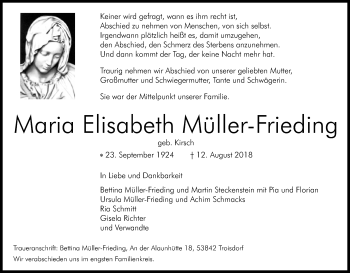 Anzeige von Maria Elisabeth Müller-Frieding von Kölner Stadt-Anzeiger / Kölnische Rundschau / Express