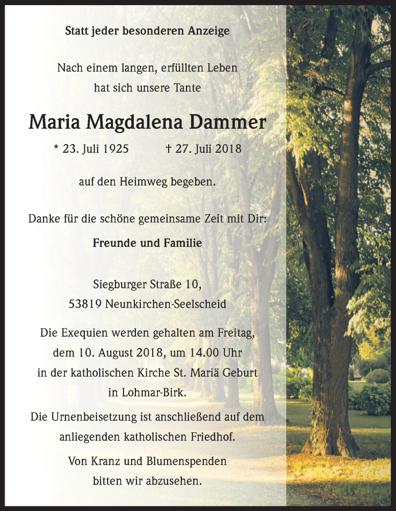  Traueranzeige für Maria Magdalena Dammer vom 04.08.2018 aus Kölner Stadt-Anzeiger / Kölnische Rundschau / Express