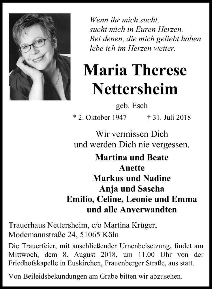  Traueranzeige für Maria Therese Nettersheim vom 04.08.2018 aus  Blickpunkt Euskirchen 