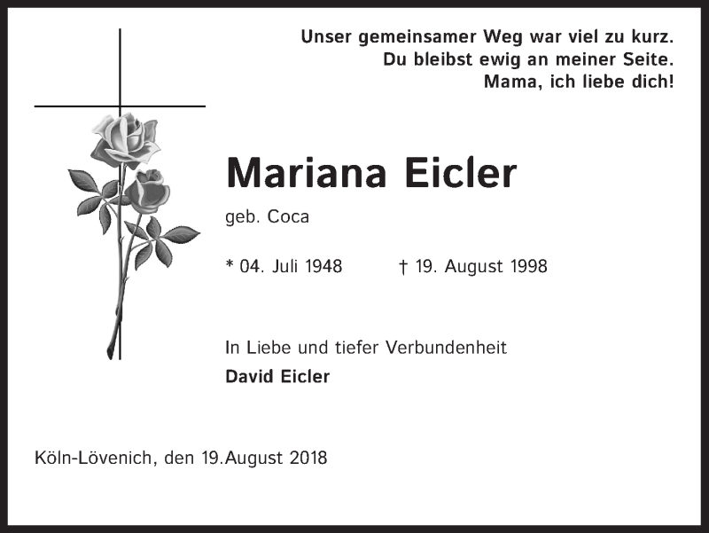  Traueranzeige für Mariana Eicler vom 18.08.2018 aus Kölner Stadt-Anzeiger / Kölnische Rundschau / Express