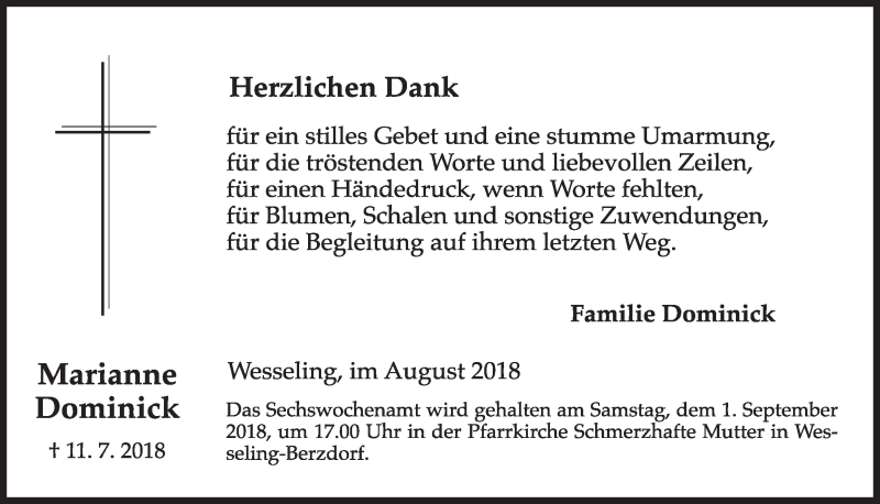  Traueranzeige für Marianne Dominick vom 22.08.2018 aus  Schlossbote/Werbekurier 
