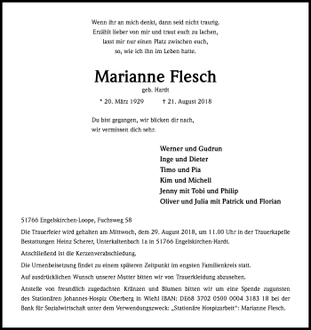Anzeige von Marianne Flesch von Kölner Stadt-Anzeiger / Kölnische Rundschau / Express