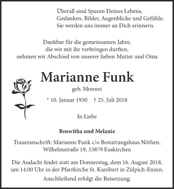 Anzeige von Marianne Funk von  Blickpunkt Euskirchen 
