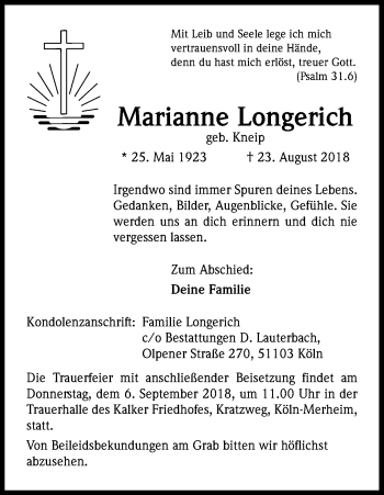 Anzeige von Marianne Longerich von Kölner Stadt-Anzeiger / Kölnische Rundschau / Express