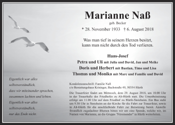Anzeige von Marianne Naß von  Wochenende 