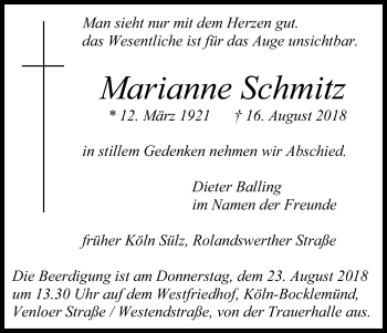 Anzeige von Marianne Schmitz von Kölner Stadt-Anzeiger / Kölnische Rundschau / Express