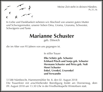 Anzeige von Marianne Schuster von  Lokalanzeiger 