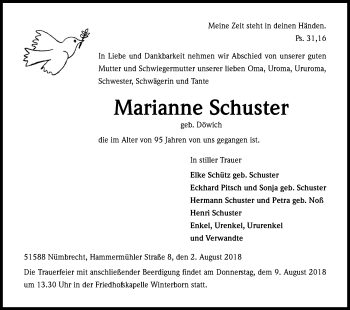 Anzeige von Marianne Schuster von Kölner Stadt-Anzeiger / Kölnische Rundschau / Express