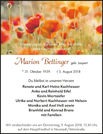 Anzeige von Marion Bettinger von  Lokalanzeiger 