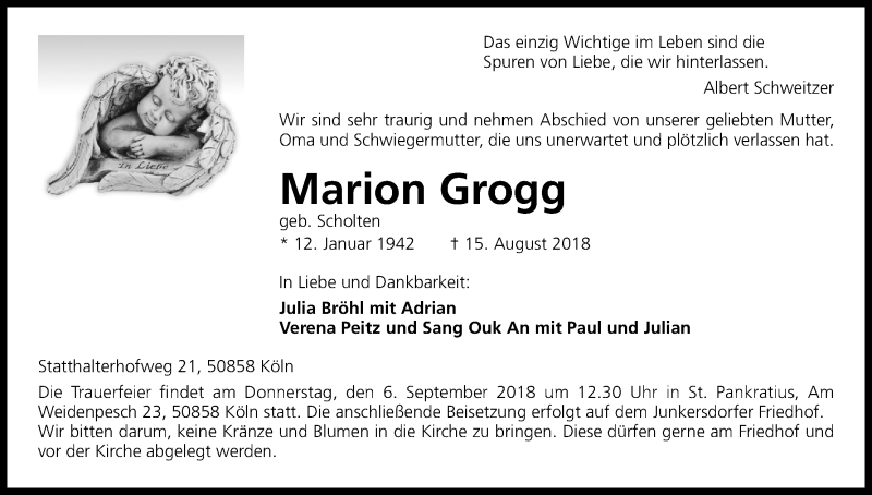  Traueranzeige für Marion Grogg vom 25.08.2018 aus Kölner Stadt-Anzeiger / Kölnische Rundschau / Express
