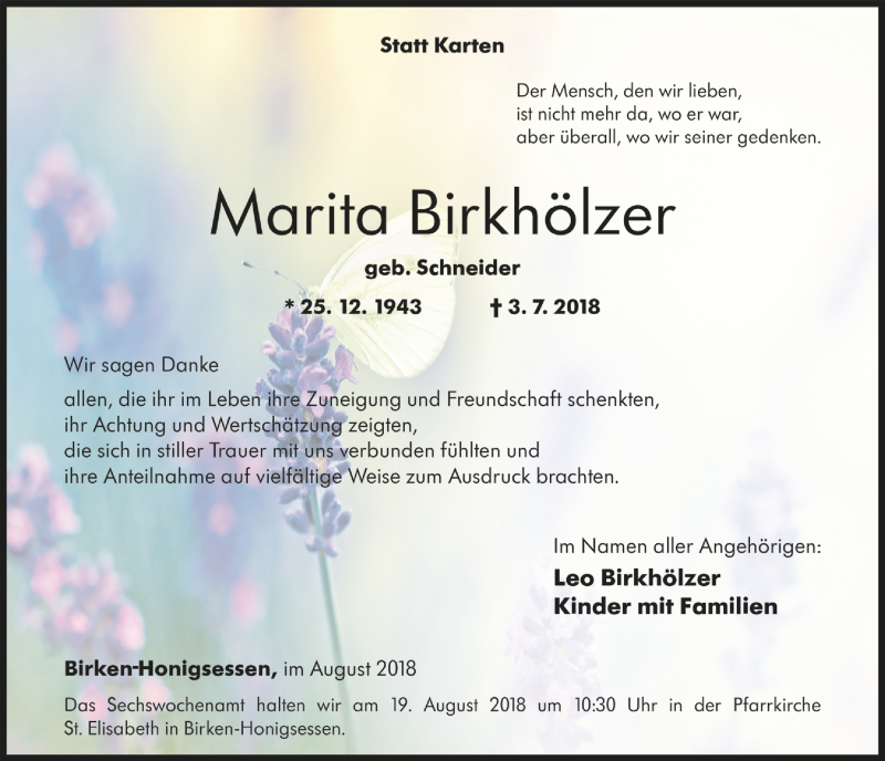  Traueranzeige für Marita Birkhölzer vom 15.08.2018 aus  Lokalanzeiger 
