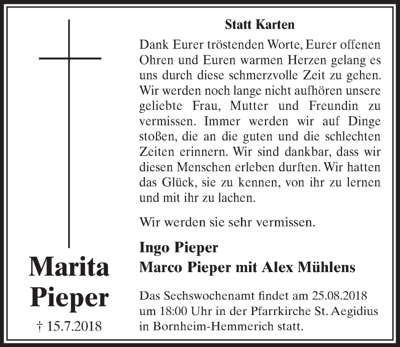  Traueranzeige für Marita Pieper vom 15.08.2018 aus  Schlossbote/Werbekurier 