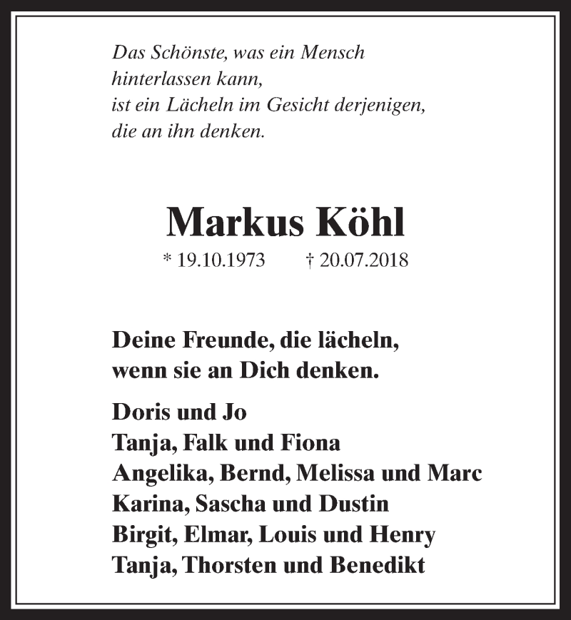  Traueranzeige für Markus Köhl vom 08.08.2018 aus  Wochenende 