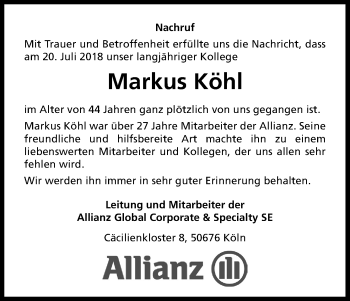 Anzeige von Markus Köhl von Kölner Stadt-Anzeiger / Kölnische Rundschau / Express