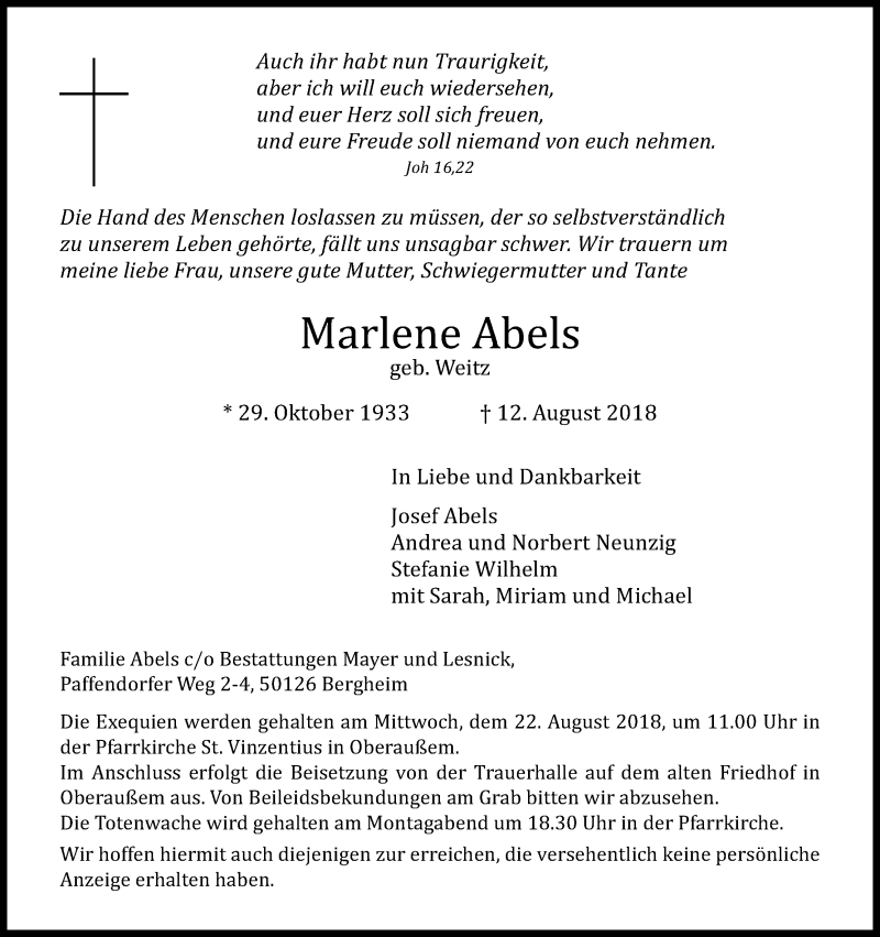 Traueranzeige für Marlene Abels vom 17.08.2018 aus Kölner Stadt-Anzeiger / Kölnische Rundschau / Express
