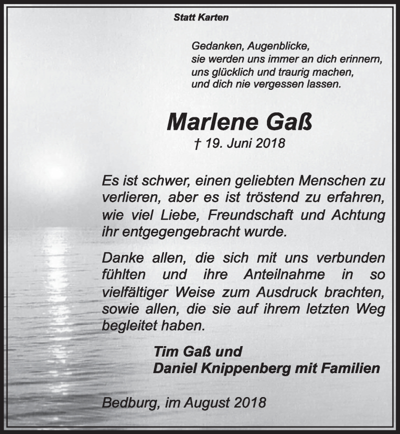  Traueranzeige für Marlene Gaß vom 18.08.2018 aus  Sonntags-Post 
