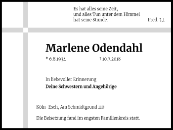 Anzeige von Marlene Odendahl von Kölner Stadt-Anzeiger / Kölnische Rundschau / Express