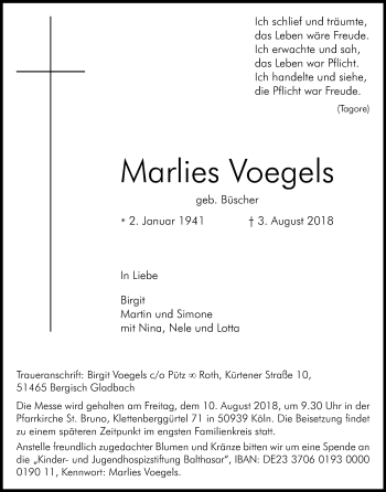 Anzeige von Marlies Voegels von Kölner Stadt-Anzeiger / Kölnische Rundschau / Express
