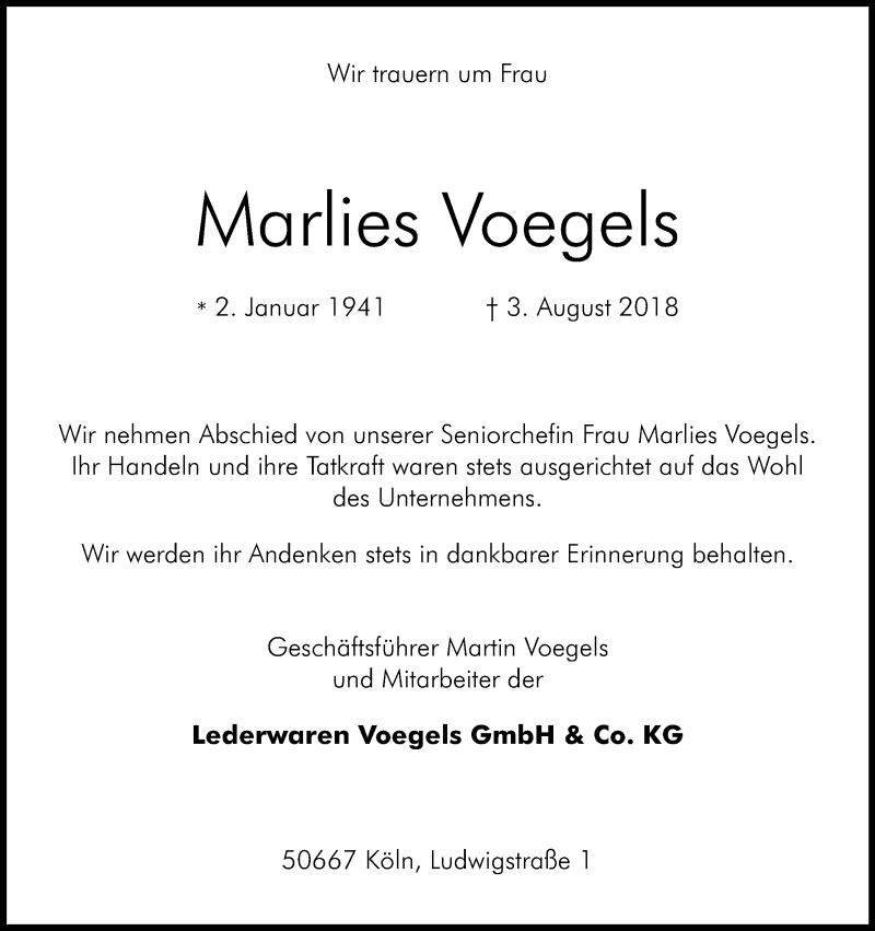  Traueranzeige für Marlies Voegels vom 08.08.2018 aus Kölner Stadt-Anzeiger / Kölnische Rundschau / Express