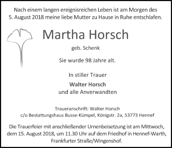 Anzeige von Martha Horsch von Kölner Stadt-Anzeiger / Kölnische Rundschau / Express