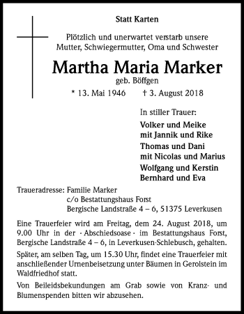 Anzeige von Martha Maria Marker von Kölner Stadt-Anzeiger / Kölnische Rundschau / Express